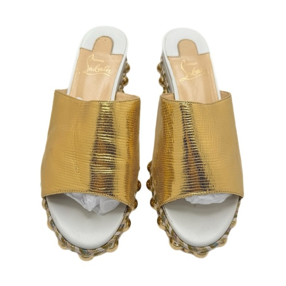 Christian Louboutin Janibasse Laminato Gold Lizard Embossed Mules Size 38 - Picture 6 of 8